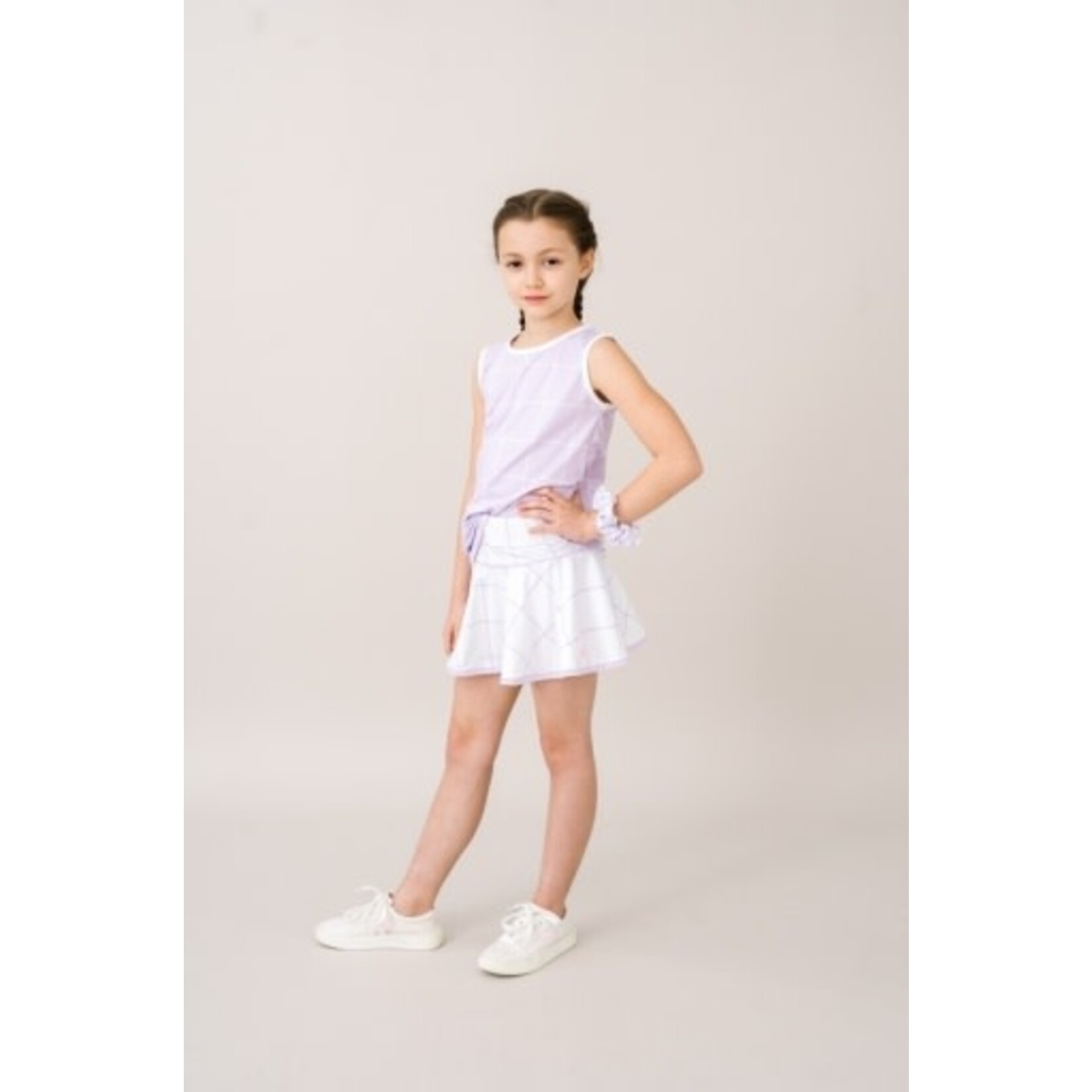 PETAL PURPLE WILLINGTON WINDOWPANE CUSTOM PRINT IN ATHLEISURE WITH PURE COCONUT WHITE WELTING
