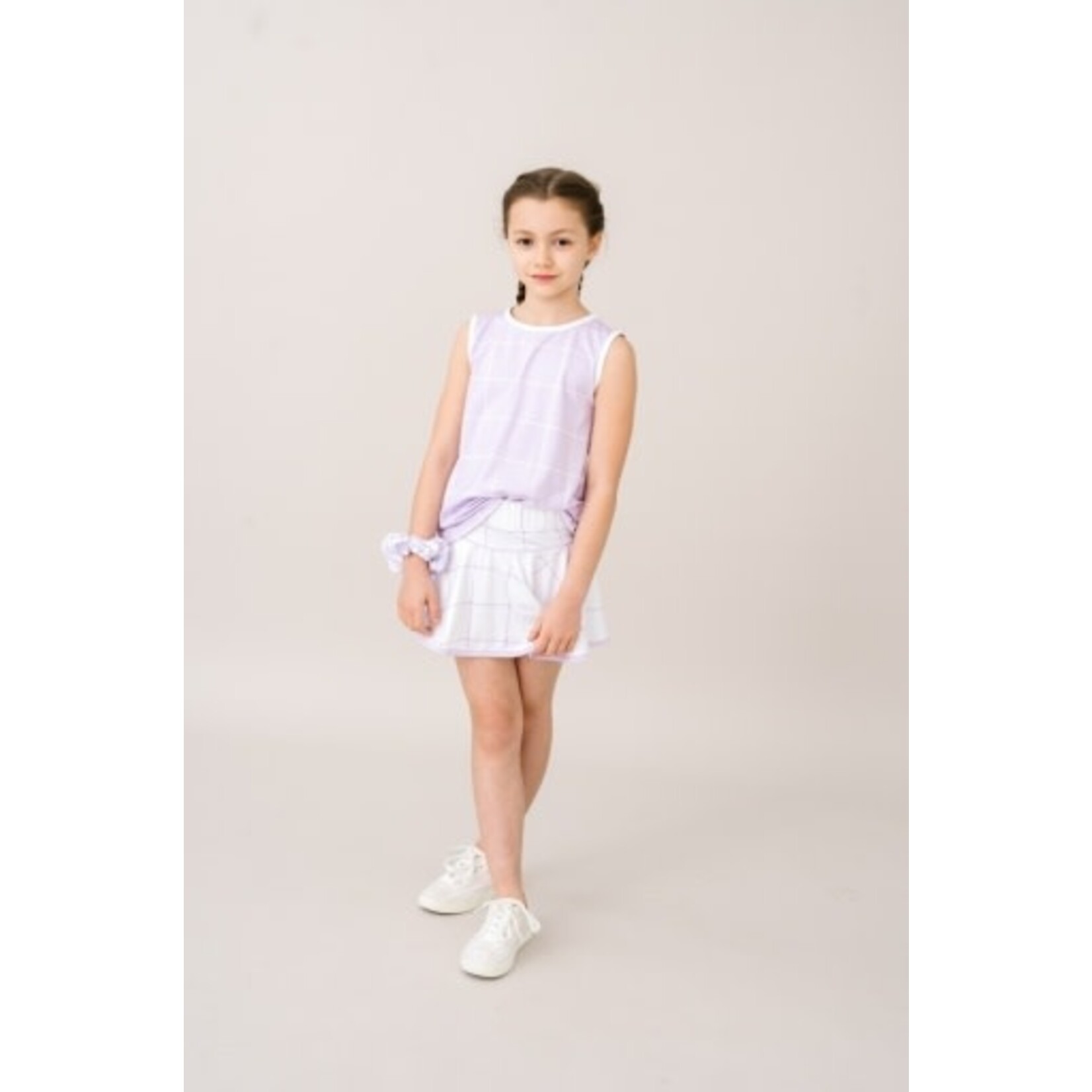 PETAL PURPLE WILLINGTON WINDOWPANE CUSTOM PRINT IN ATHLEISURE WITH PURE COCONUT WHITE WELTING