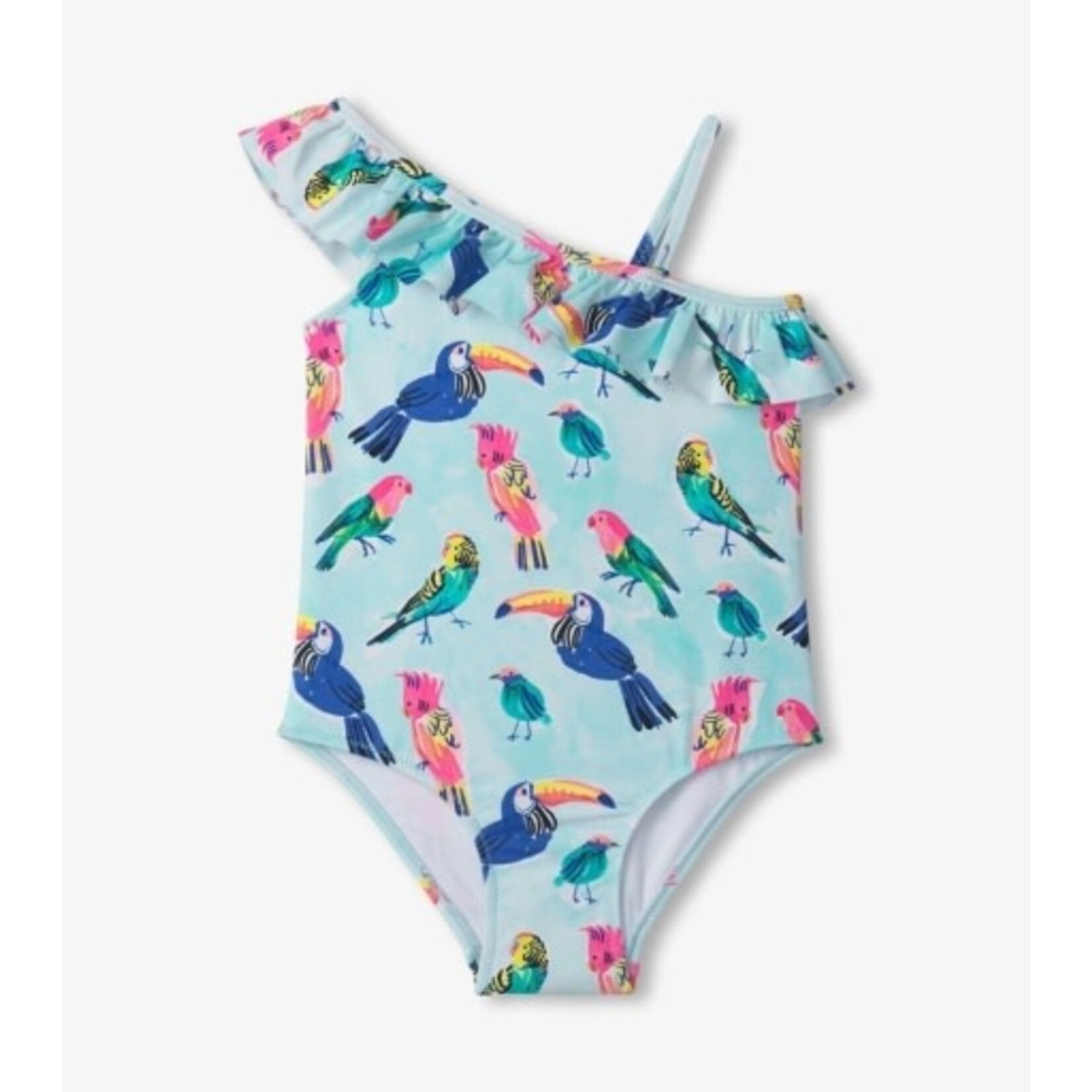 tropical birds ruffle trim swimsuit