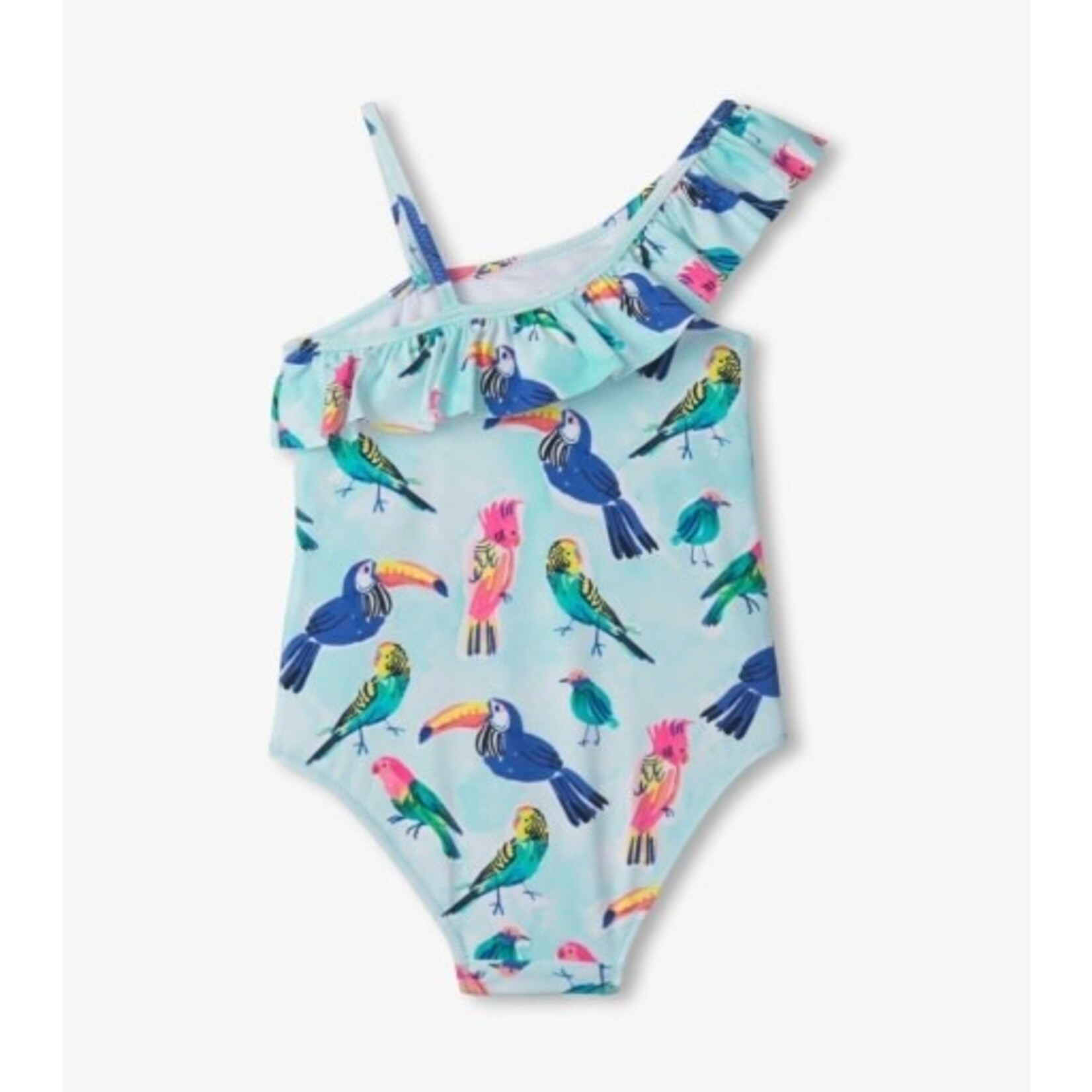 tropical birds ruffle trim swimsuit