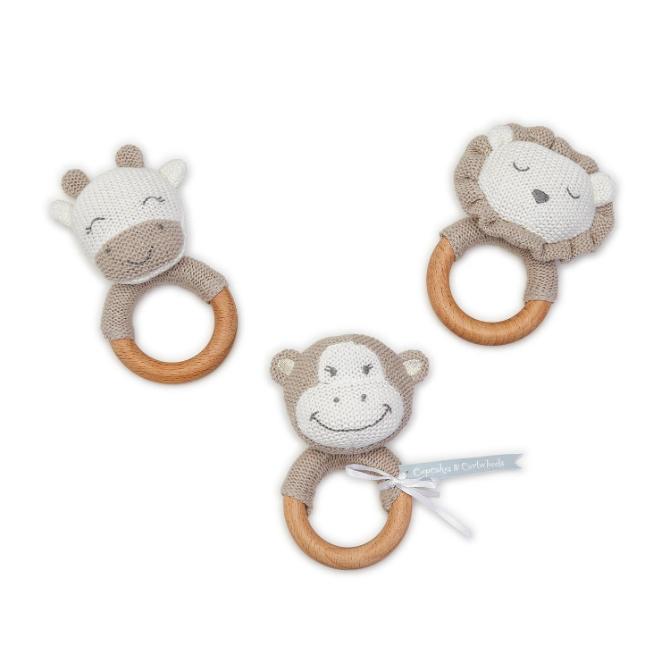 Two's Company Brown Knitted Wooden Ring Rattle