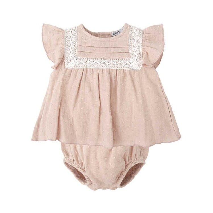 Babidu Pink Swiss Dot W/Lace Dress Set