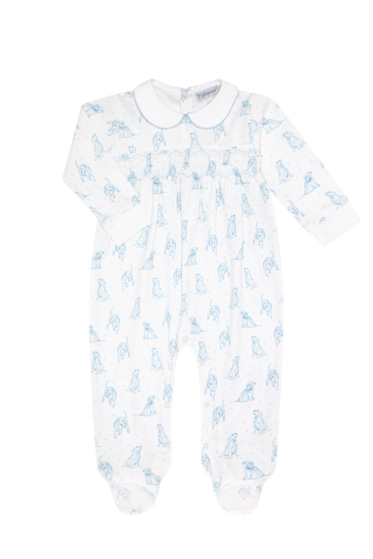 Nella Pima Blue Puppy Love Smocked Footie