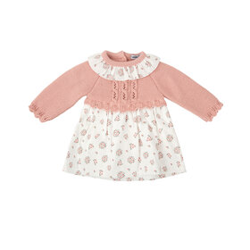 Babidu Pink Knitted Floral Dress & Bonnet Set