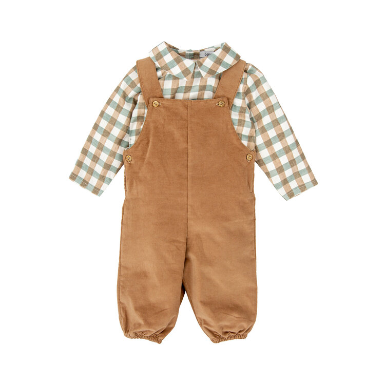 Babidu Green Check Cord Overall Set