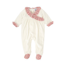 Babidu White Floral Ruffle Velour Footie