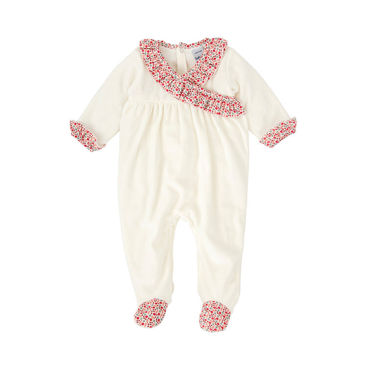 Babidu White Floral Ruffle Velour Footie