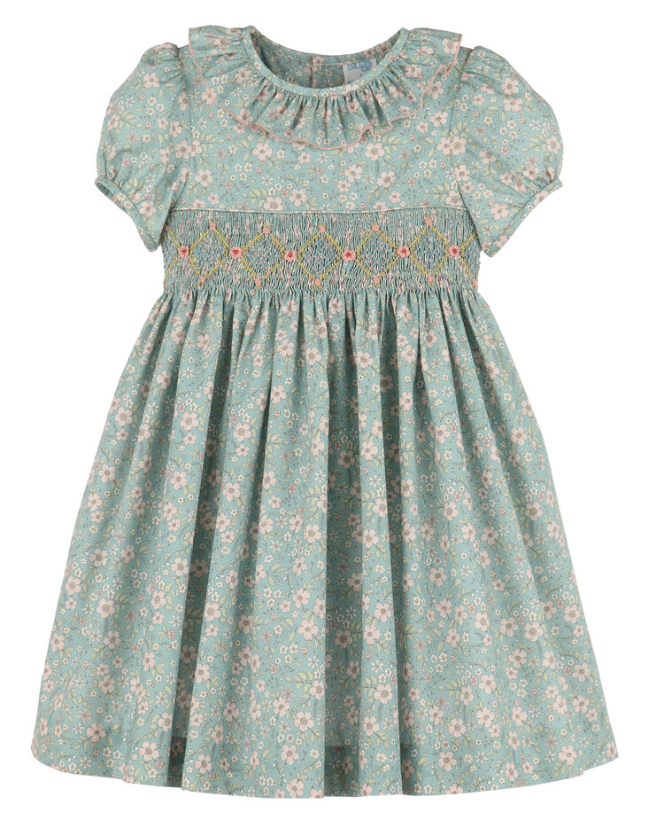 Luli&Me Aqua Winter Blooms Smocked Dress