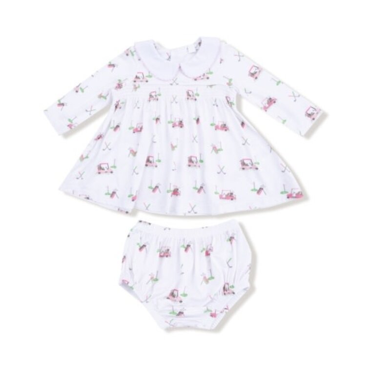 Angel Dear Baby Golf Carts - Pink - L/S Peter Pan Collar Dress w/ Smocking and Diaper Cover