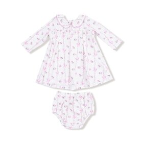 Angel Dear Dainty Buds And Bows Stripe - L/S Peter Pan Collar Dress W/ Smocking + Diaper Cover