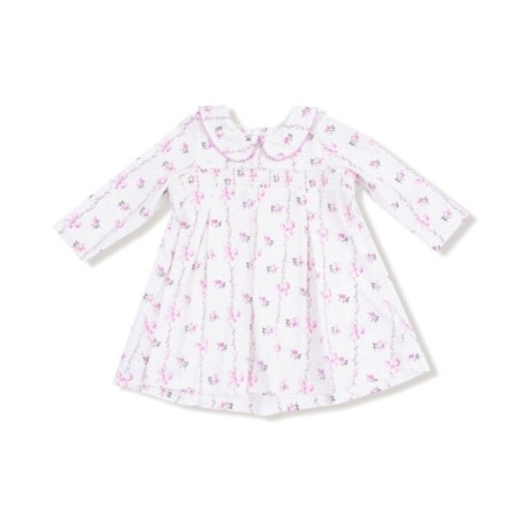 Angel Dear Dainty Buds And Bows Stripe - L/S Peter Pan Collar Dress W/ Smocking + Diaper Cover