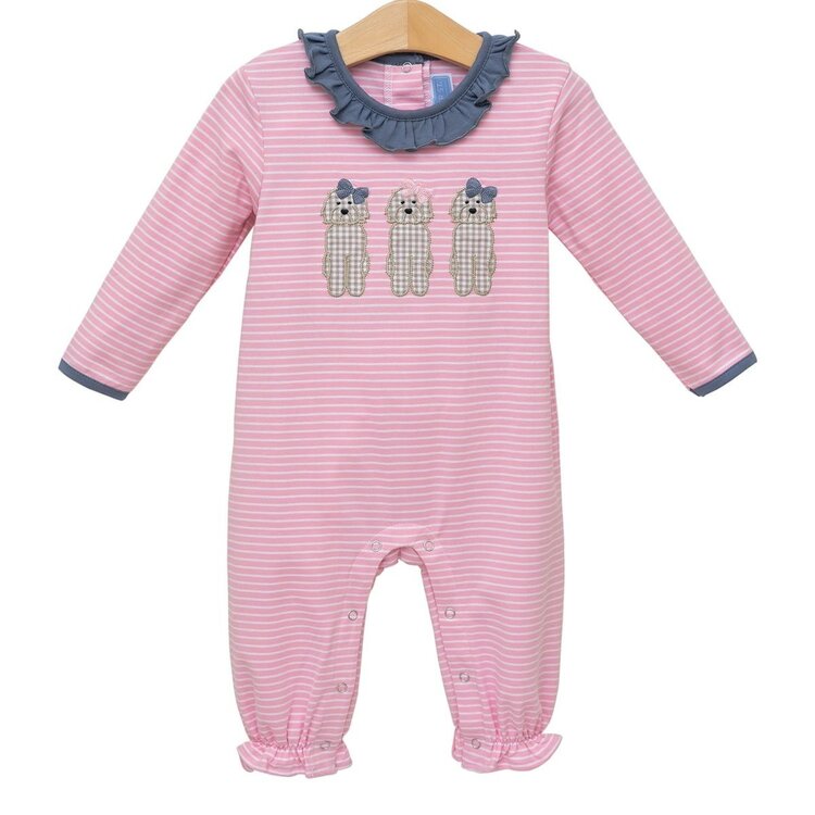 Trotter Street Kids Pink Stripe Ruffle Dog Romper
