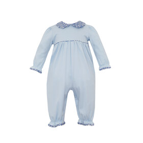 Petit Bebe Lt Blue Romper W/ Floral Trim