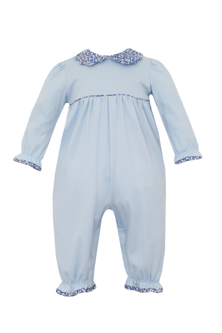 Petit Bebe Lt Blue Romper W/ Floral Trim