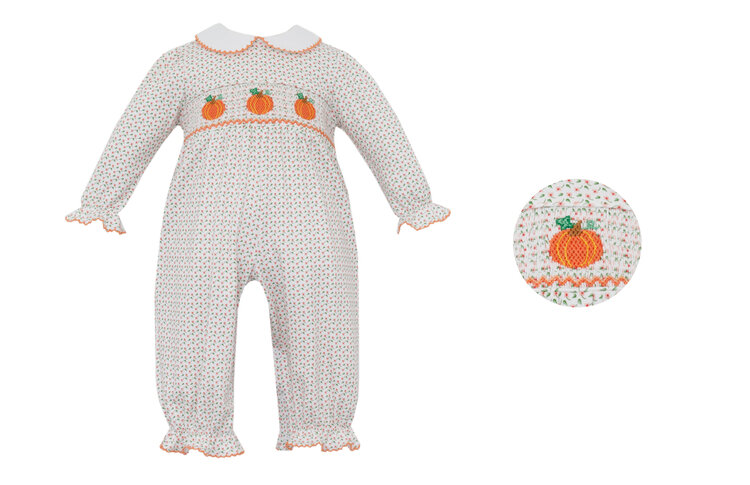 Petit Bebe Floral Knit Smock Pumpkin Romper