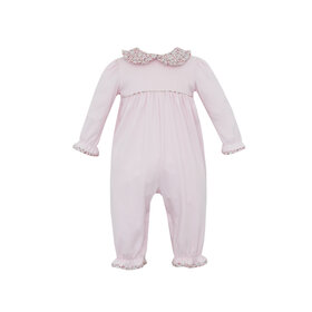 Petit Bebe Pink Romper W/ Floral Trim L/S
