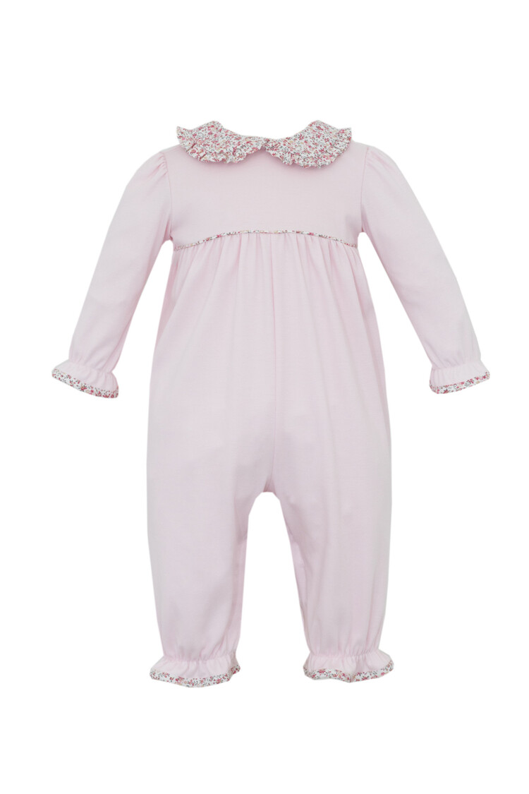 Petit Bebe Pink Romper W/ Floral Trim L/S