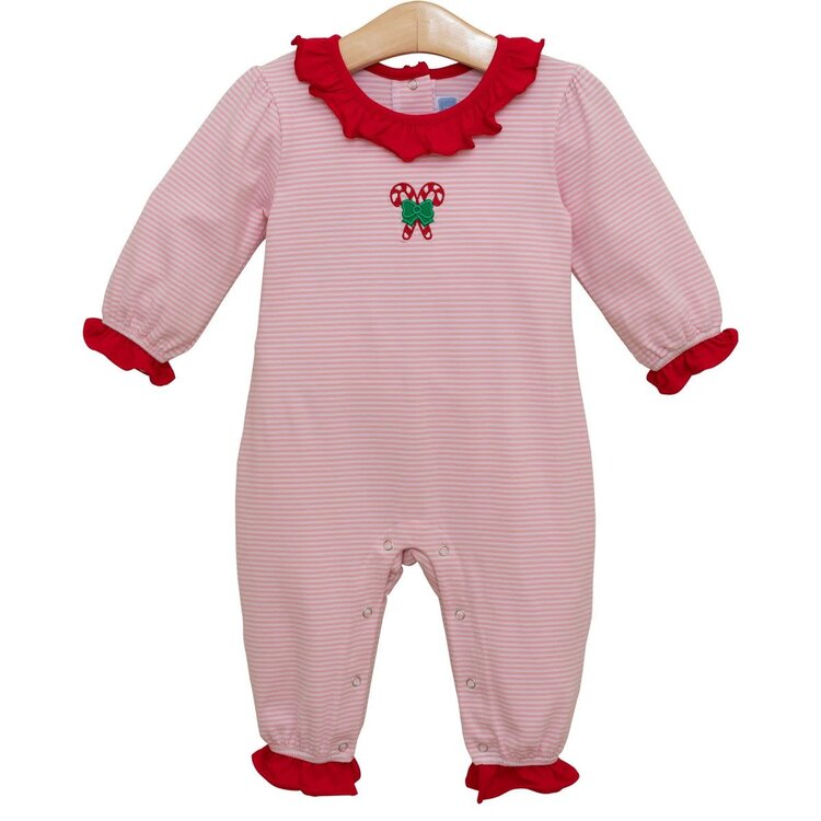 Trotter Street Kids Pink Candy Cane Emb Ruffle Romper
