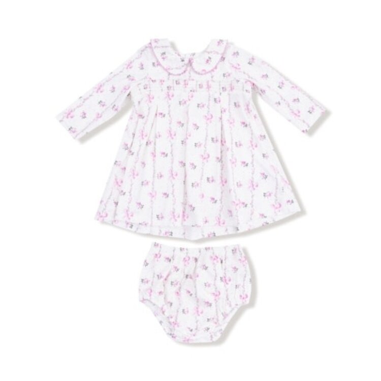 Angel Dear Dainty Buds And Bows Stripe - L/S Peter Pan Collar Dress W/ Smocking + Diaper Cover