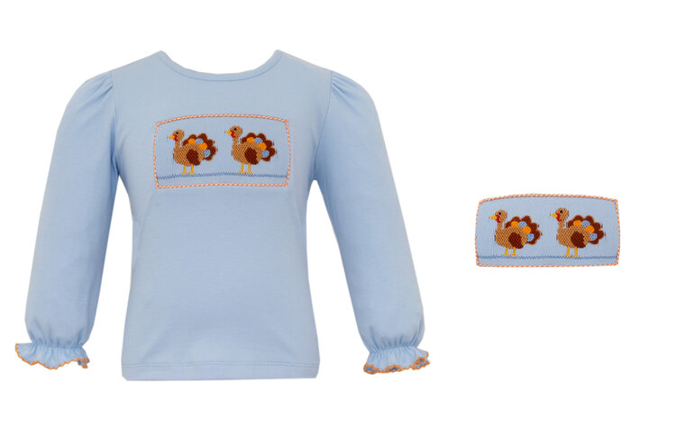 Anavini Blue Smocked Turkey Ruffle Shirt