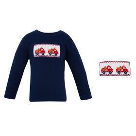 Anavini Navy Smocked Firetrucks Shirt