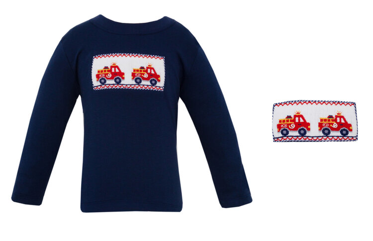 Anavini Navy Smocked Firetrucks Shirt