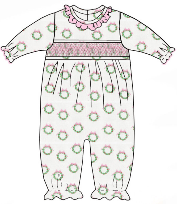 Petit Bebe Pink Wreaths LS Romper