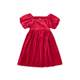 Tea Red Puff Shoulder Velour Dress