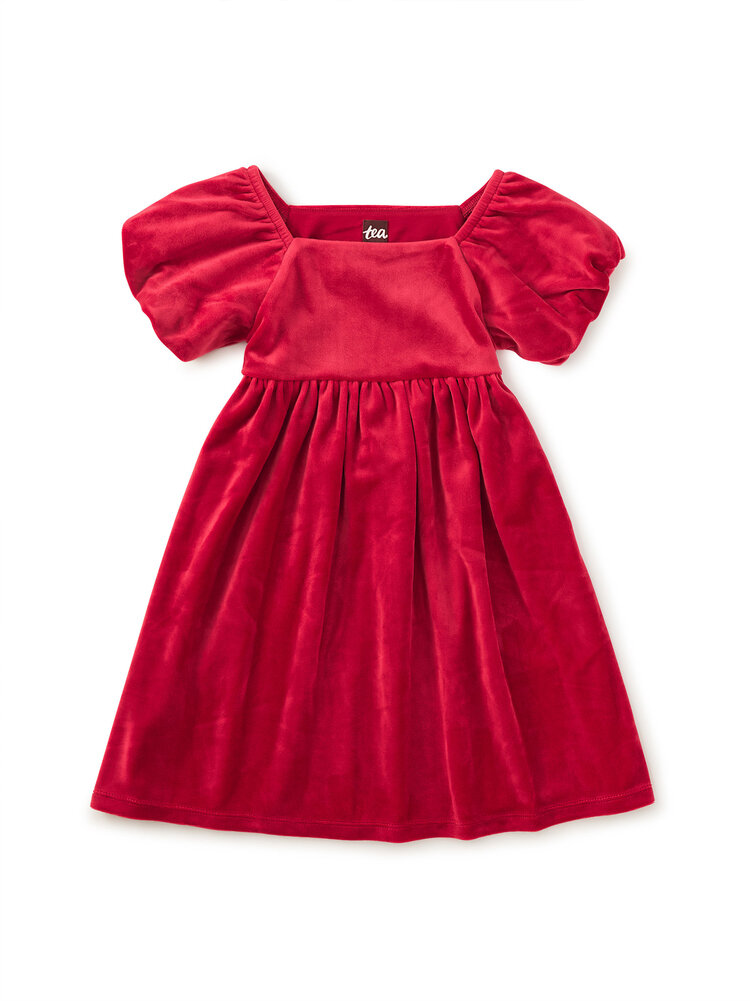 Tea Red Puff Shoulder Velour Dress