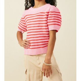 Hayden Girl Pink Stripe Puff Sleeve Sweater
