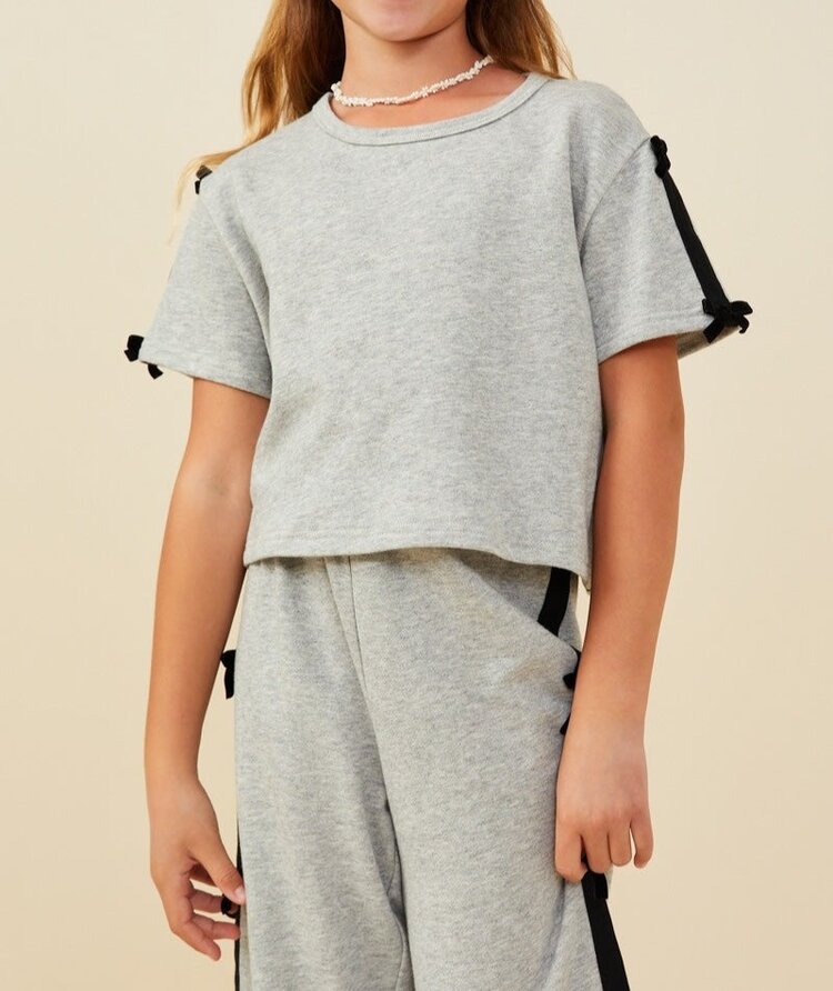 Hayden Girl Grey Bow Trim Terry Top