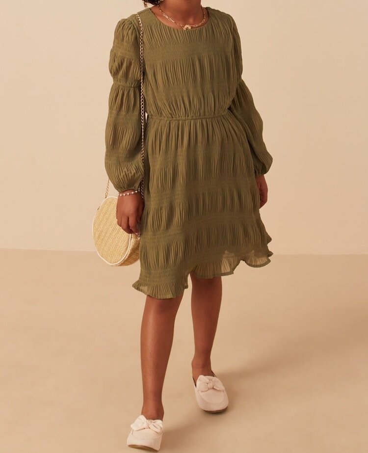Hayden Girl Olive Pleated Pheasant Sleeve Dress