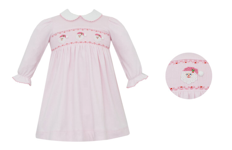 Petit Bebe Pink Stripe Smocked Santa Dress