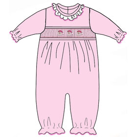 Petit Bebe Pink Stripe Smocked Santa Romper