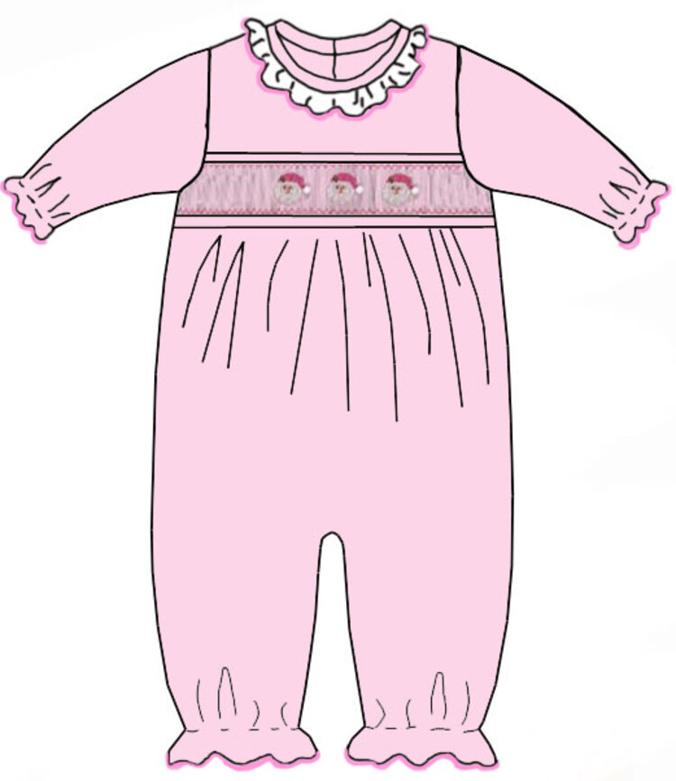 Petit Bebe Pink Stripe Smocked Santa Romper