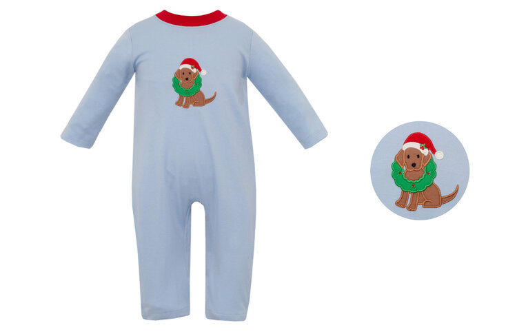 Claire & Charlie Holiday Puppy w/Wreath Blue Romper