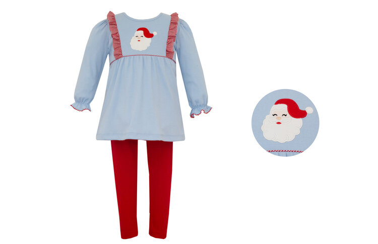 Claire & Charlie Blue w/Red Check Ruffle Santa Tunic Set