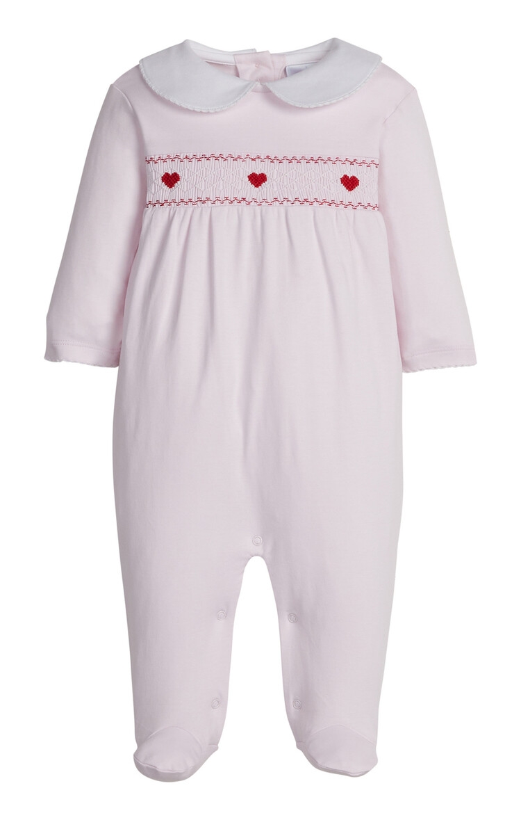 Little English Pink  Heart Smocked Footie