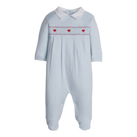 Little English Blue Heart Smocked Footie