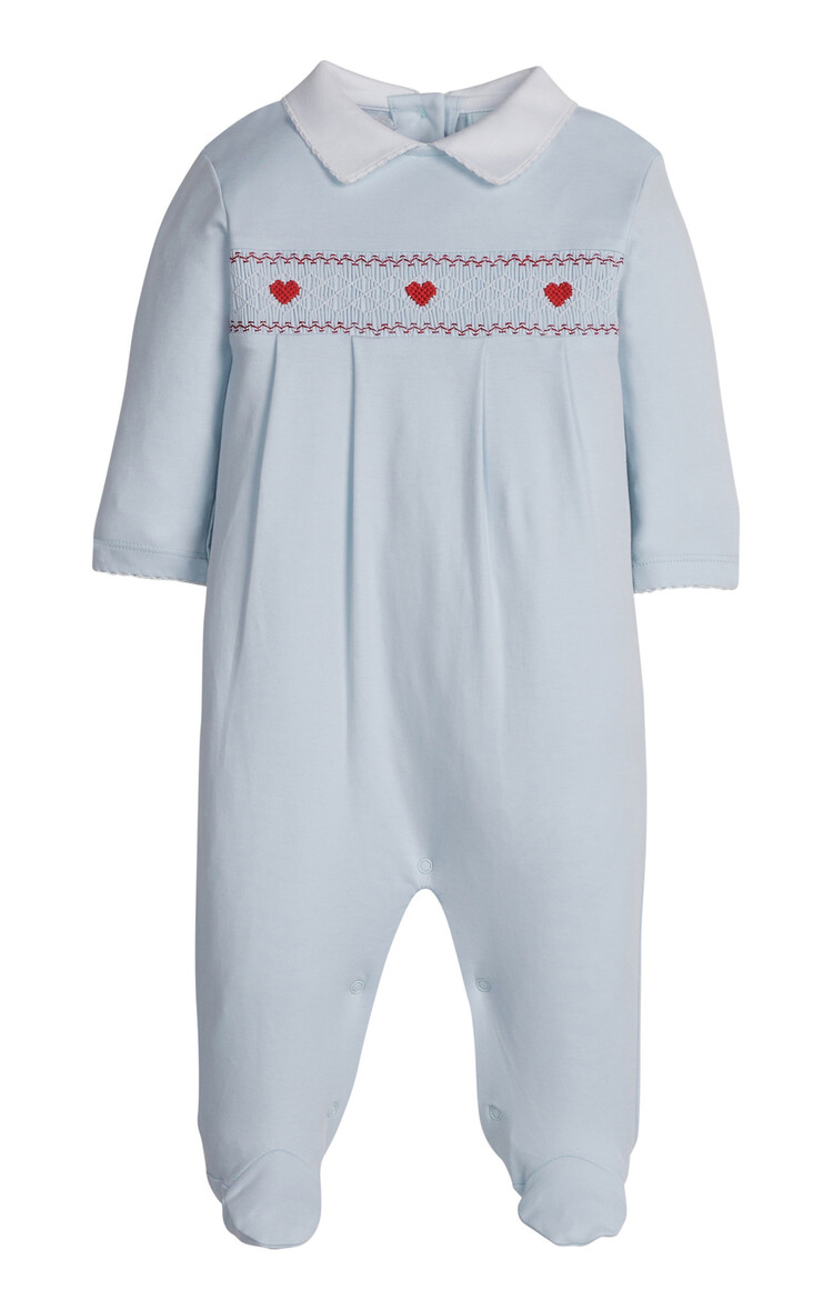 Little English Blue Heart Smocked Footie