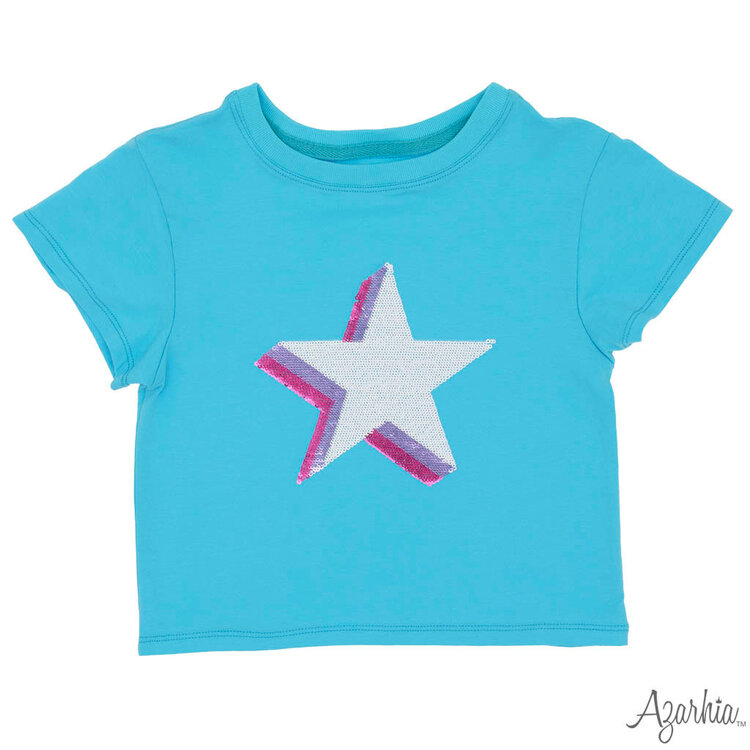 Azarhia Sequin Stars on Turquoise Shirt