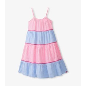 Blue and Pink Seersucker Tiered Dress