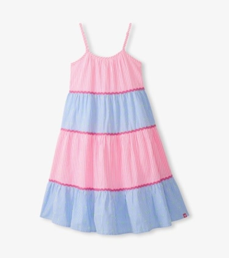 Blue and Pink Seersucker Tiered Dress