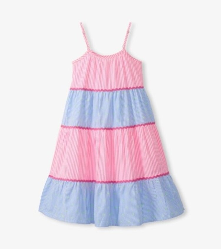Blue and Pink Seersucker Tiered Dress