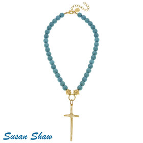 Susan Shaw Gold Cross On Turquoise Necklace