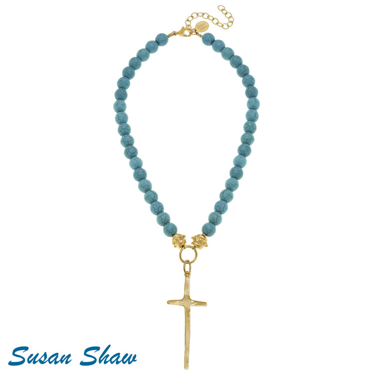 Susan Shaw Gold Cross On Turquoise Necklace