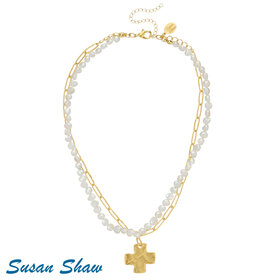 Susan Shaw Piper Paperclip Pearl & Cross Necklace