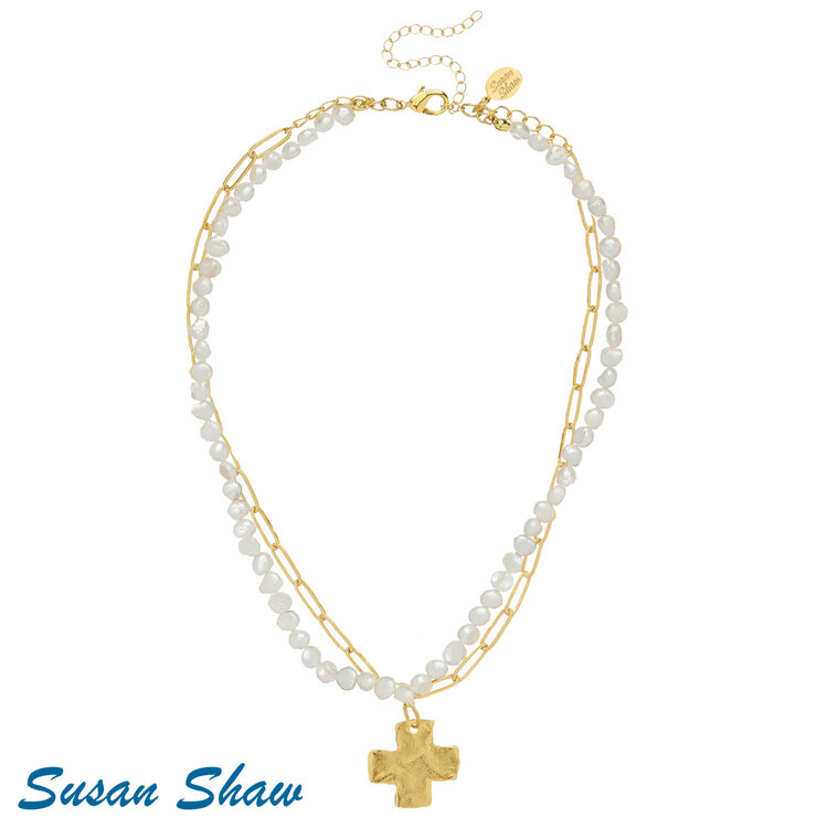Susan Shaw Piper Paperclip Pearl & Cross Necklace