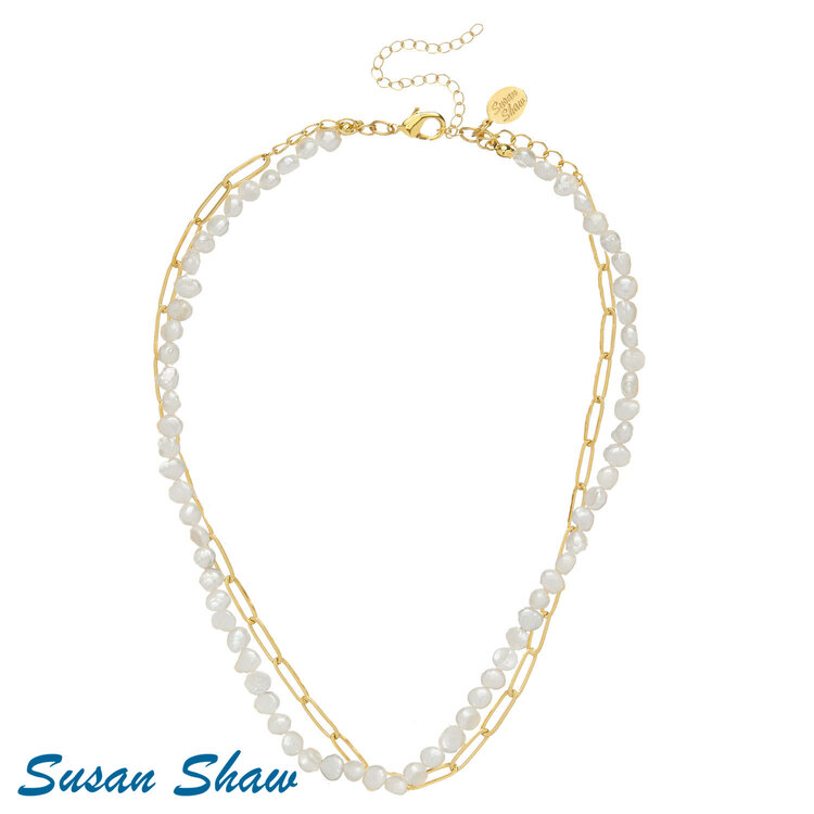 Susan Shaw Piper Paperclip Pearl & Gold Necklace