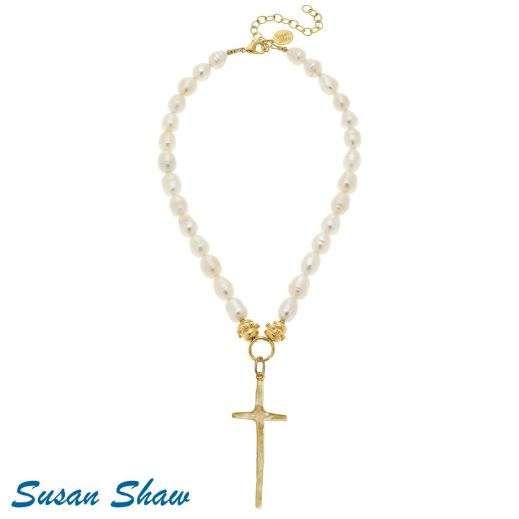 Susan Shaw Elongated Gold Cross Pearl Necklace